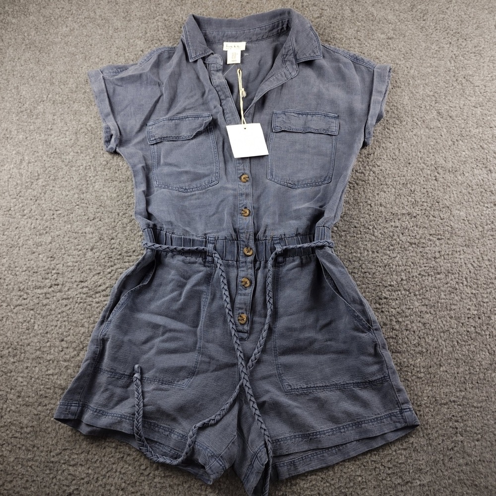 Nicole Miller New York Womens XS Blue Linen Blend Button Utility Romper Belted